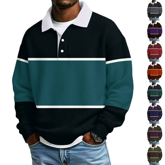 Mens Polo Shirts Long Sleeve Waffle Knit Collared Thermal Casual Henley Quarter Button Pullover Heavyweight T Shirt Turquoise S