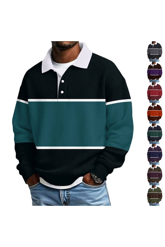 Mens Polo Shirts Long Sleeve Waffle Knit Collared Thermal Casual Henley Quarter Button Pullover Heavyweight T Shirt Turquoise S