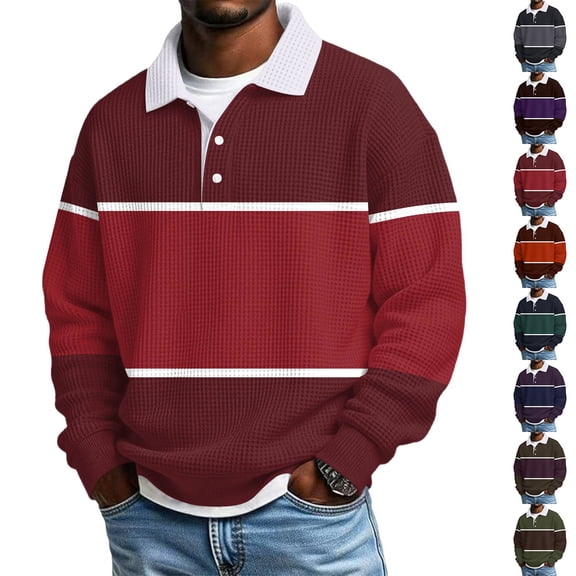 Mens Polo Shirts Long Sleeve Waffle Knit Collared Thermal Casual Henley Quarter Button Pullover Heavyweight T Shirt Wine 5XL