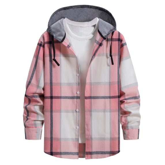 Mens Polo Shirts M Casual Plaid Print Hooded Collar Long Sleeve Comfortable Breathable Gathering Vacation Pink Button Down Shirt Sizes M