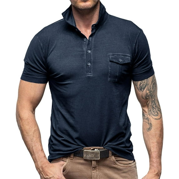 Mens Polo Shirts Male Spring Summer Cotton Short Sleeve Button Pocket Collar Solid Color Sports Activewear