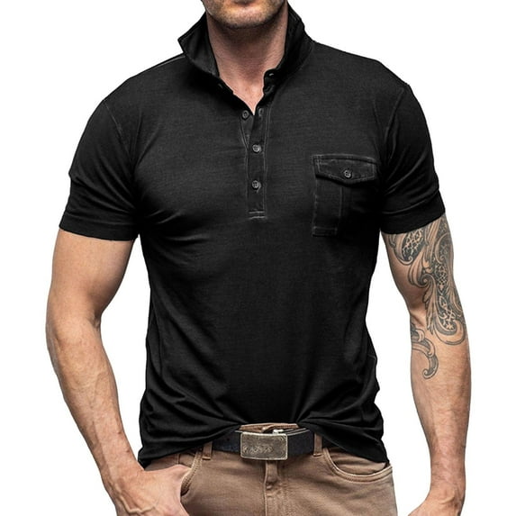 Mens Polo Shirts Male Spring Summer Cotton Short Sleeve Button Pocket Collar Solid Color Sports Daily-Wear