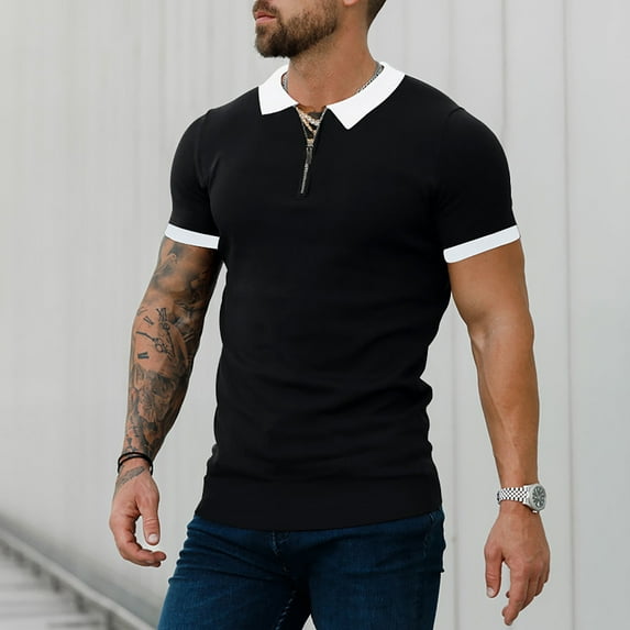 Mens Polo Shirts Muscle Turn Down Collar Slim Fit Short Sleeve Color Block Golfs Zipper Soft Tees Outwear