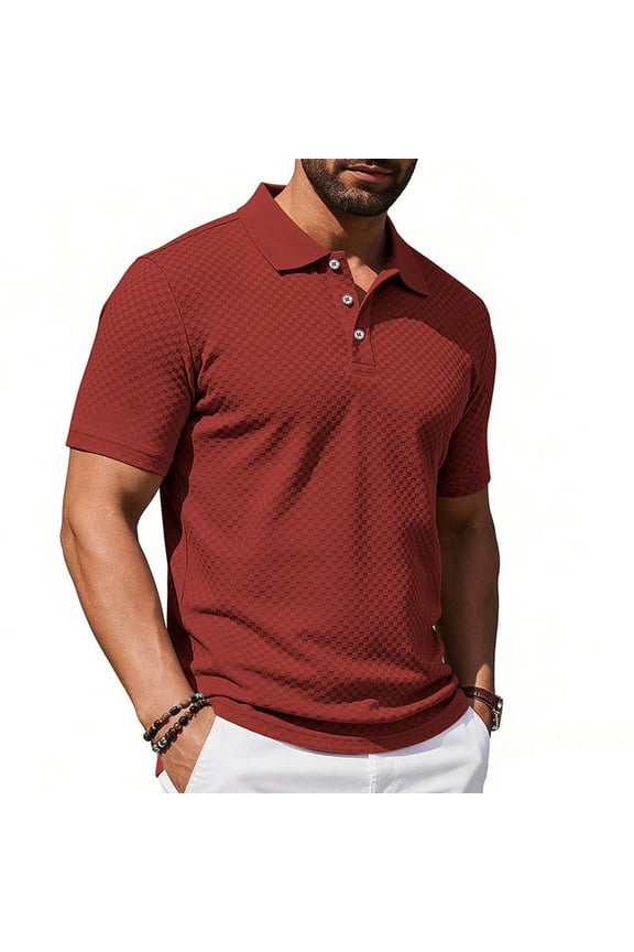 Mens Polo Shirts Plaid Texture Regular Fit Breathable Tops for Daily Wear, Everyday Casual Soft Feel Tees