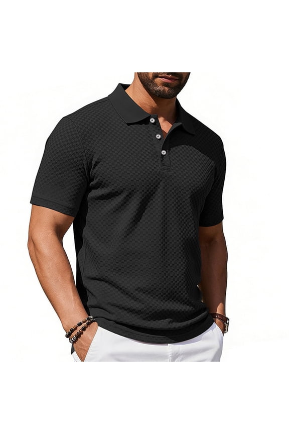 Mens Polo Shirts Plaid Texture Regular Fit Breathable Tops for Daily Wear, Everyday Casual Soft Feel Tees