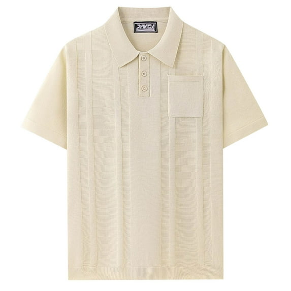 Mens Polo Shirts Polo Collar Shirts Solid Color V Neck Short Sleeved Shirt Men's Button Down Shirts Beige XL