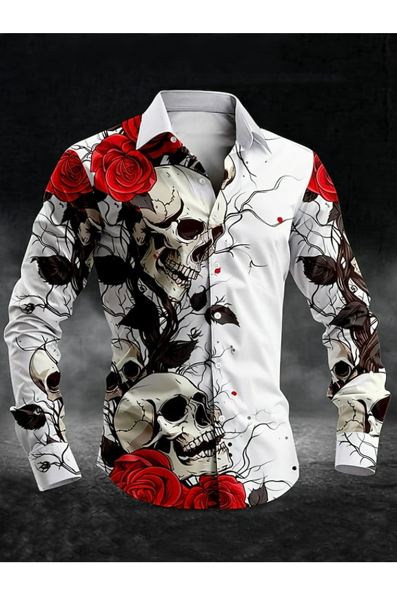 Mens Polo Shirts Retro Skull Graphic Long Sleeve Button V Neck T-Shirts Pullover Tops