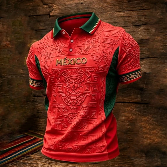 Mens Polo Shirts Short Sleeve 2026 Mexico Soccer Jersey Golf Top Button Down 3D Print Summer Tee Red XXL