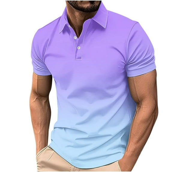 Mens Polo Shirts Short Sleeve Blue Button Down Gradient Stretch Active Fit Gym Apparel Athletic Fit Summer Casual Golf Vacation Shirt,Light Purple,XXL