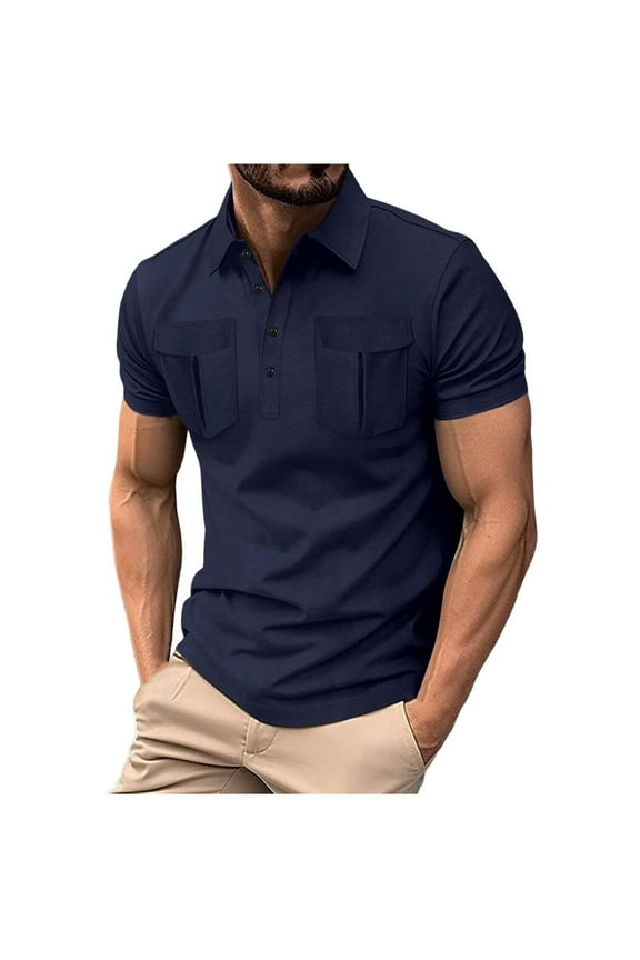 Mens Polo Shirts Short Sleeve Casual Cotton Golf Shirts Classic Button Polo T-Shirt with Pockets