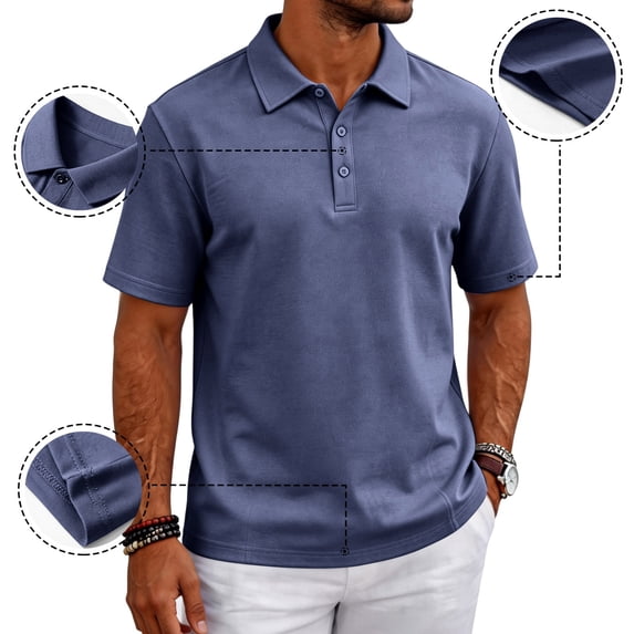 Mens Polo Shirts Short Sleeve Collared Shirts Button Casual Basic Lightweight Polo Sweater Solid Color Golf Shirt,Blue L