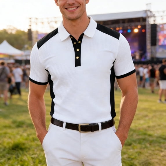 Mens Polo Shirts Short Sleeve Color Block Business Fit Structured Collar Modern Golf Slim Work Mens Shirts White S