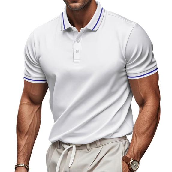 Mens Polo Shirts Short Sleeve Dual Tipped Collar T-Shirt Cotton Pique Buttons Classic Fit Casual Golf Shirts White XL