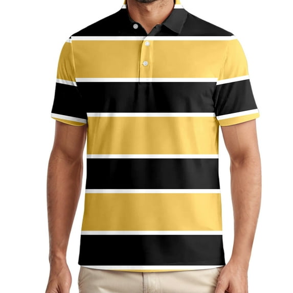 Mens Polo Shirts Casual Short Sleeve Striped Buckle Lapel Breathable Pullover Tops Loose T Shirts for Man Yellow XXL