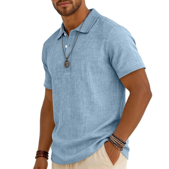 Mens Polo Shirts Short Sleeve Summer Button Linen Shirt Casual Collared Lightweight Polo Tops Light Blue L