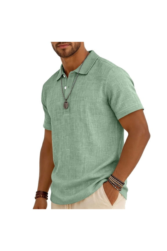 Mens Polo Shirts Short Sleeve Summer Button Linen Shirt Casual Collared Lightweight Polo Tops Light Green L