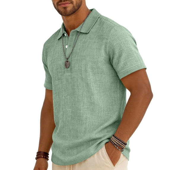 Mens Polo Shirts Short Sleeve Summer Button Linen Shirt Casual Collared Lightweight Polo Tops Light Green XL
