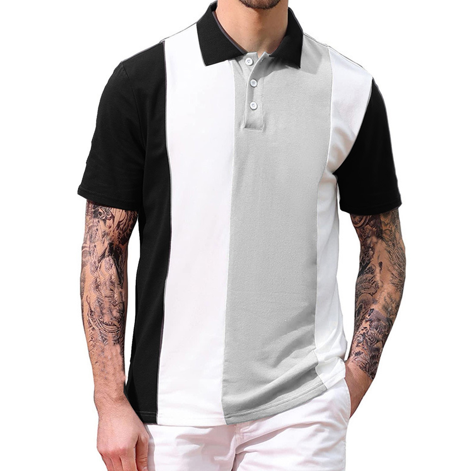 Mens Polo Shirts Short Sleeve Vintage Striped Color Block Golf Shirt ...