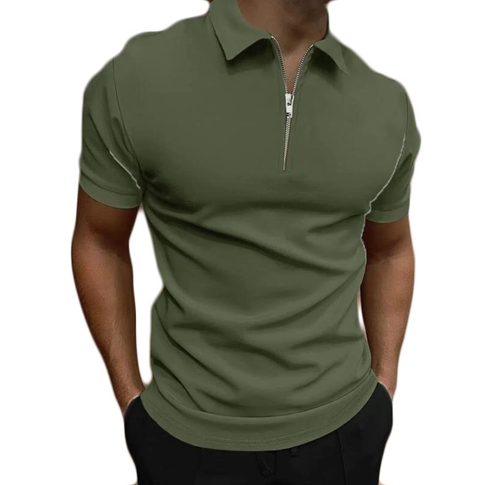 Mens Polo Shirts Short Sleeve Zipper Polo Shirt Basic Plain Tennis Golf ...
