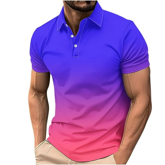 Mens Polo Shirts Slim Fit Classic Button Gradient Fitted Collared Golf Shirt Slim Fit Summer Casual Streetwear,Purple,S