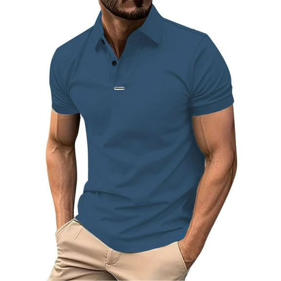 Mens Polo Shirts Slim Golf Short Sleeve Button Up Collared Business Tops Casual Sport Moisture Wicking Athletic Stretchy Shirts for Men Blue L