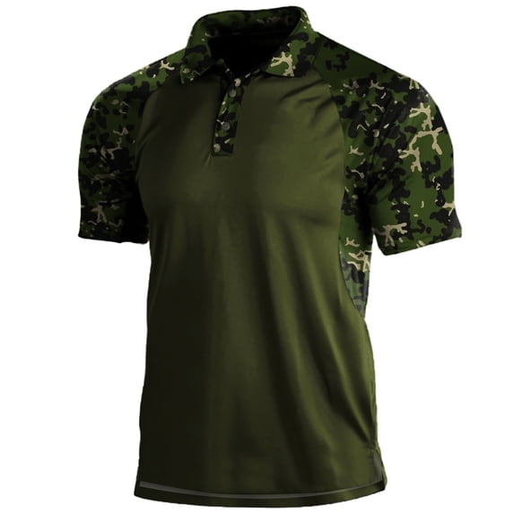 Mens Polo Shirts Soft Comfort Loose Short Sleeve Collared Camouflage Print Outdoor Sports Top Golf Shirts for Men Army Green L