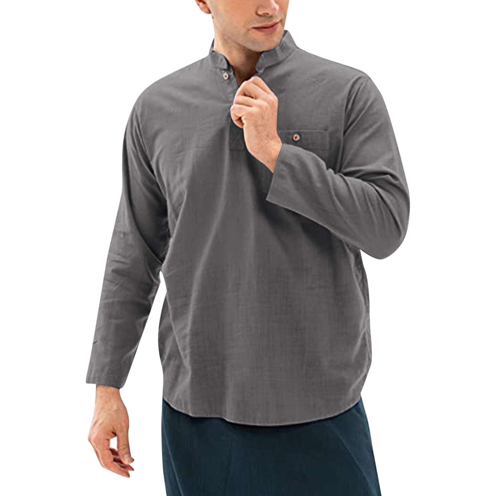 Mens Polo Shirts Solid Color Pocket Buttoned Slub Cotton Long Sleeve