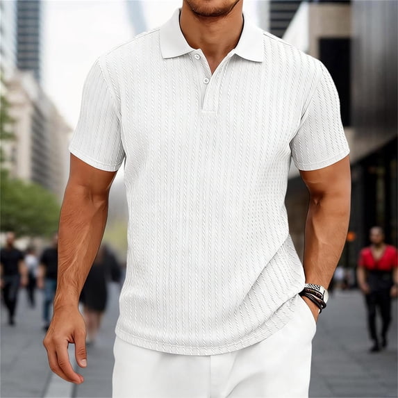 Mens Polo Shirts Solid Color Summer Casual Knit Short Sleeve Button Down with Pattern Business Collar Breathable Golf Shirts for Men White M