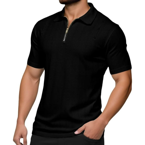 Mens Polo Shirts Solid Color Trend Short Sleeve Zipper Lapel Comfortable Tops Casual Summer Fall T Shirts for Man Black M