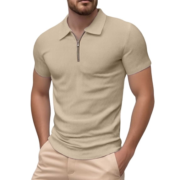 Mens Polo Shirts Spring Summer Casual Slim Fit Jacquard Zipper Collared Short Sleeved Dress Shirts for Men