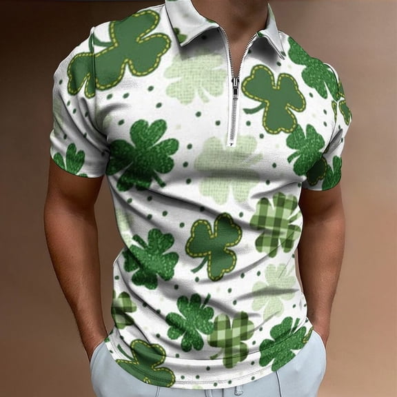 Mens Polo Shirts St. Patrick's Day Shamrock Print Lapel Zipper Short Sleeve Casual Festive Top Golf Shirts White L