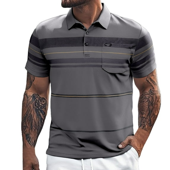 Mens Polo Shirts Striped Button Collared Short Sleeved Top with Pocket Casual Loose Comfortable Trendy Business T Shirts for Man