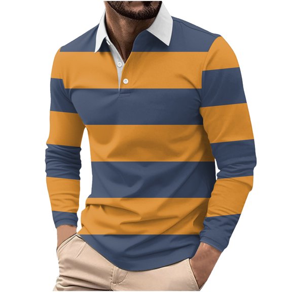 Mens Polo Shirts Striped Moisture Wicking Classic Rugby Shirt Collared Casual Golf Shirts