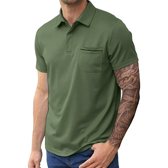 Mens Polo Shirts Summer Breathable Solid Color Pocket Lapel Shirts Casual Slim Fit Basic Short Sleeve Shirts