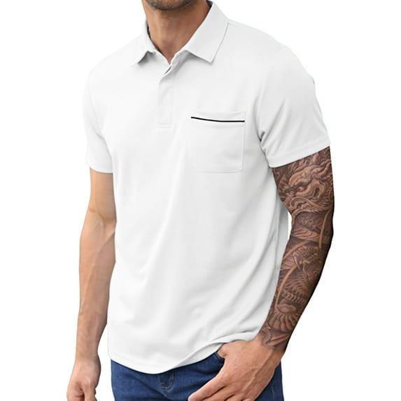 Mens Polo Shirts Summer Breathable Solid Color Pocket Lapel Shirts Casual Slim Fit Basic Short Sleeve Shirts