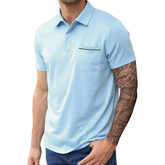 Mens Polo Shirts Summer Breathable Solid Color Pocket Lapel Shirts Casual Slim Fit Basic Short Sleeve Shirts