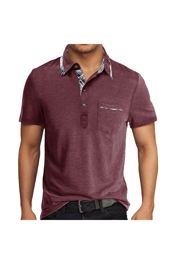 Mens Polo Shirts Summer Business Dressy Short Sleeve Button Up Collared Tops with Pocket Lightweight Breathable Loose Fit T Shirts for Man Red M