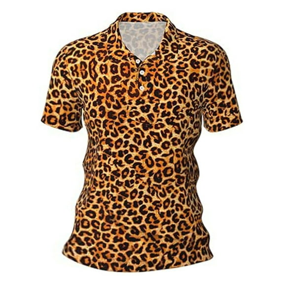 Mens Polo Shirts Summer Leopard Print Slim Fit Stretchy Tops Breathable Short Sleeve Button Up Collared Casual Dress Shirts for Men Khaki L