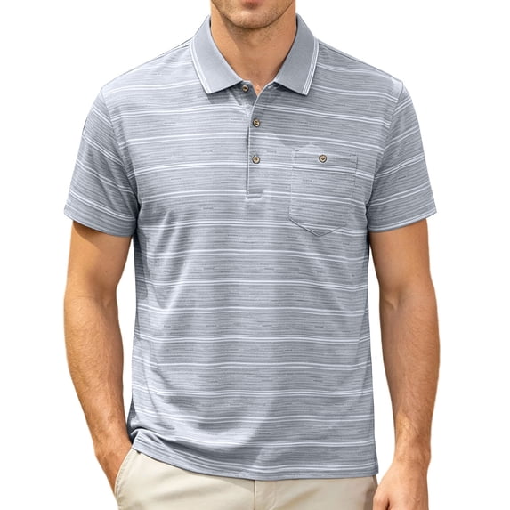 Mens Polo Shirts Summer Short Sleeve Striped Casual Golf Shirts Collared Button T Shirt with Pocket Size M-4XL Gray