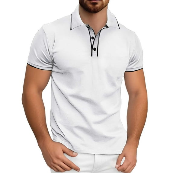 Mens Polo Shirts Summer Solid Color Short Sleeve Button Up Lapel Comfortable Breathable Tops Patchwork Casual Fall T Shirts for Man White S