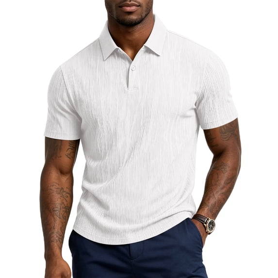 Mens Polo Shirts Textured Knit Stretchy Regular Fit Collared Golf Shirts, M