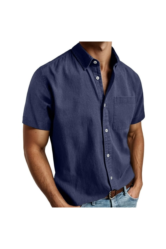 Mens Polo Shirts Tops Short Sleeve Lapel Button Down Pocket Solid Color Mens Formal Shirts,Blue,3XL