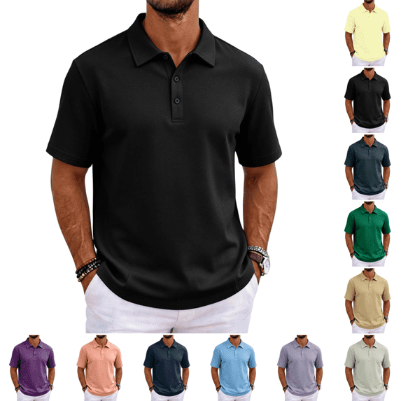 Mens Polo Shirts Trendy Casual Short Sleeve Collared Golf T Shirts Outdoor Quick Dry Casual Business Solid Color Polo Shirt Black M