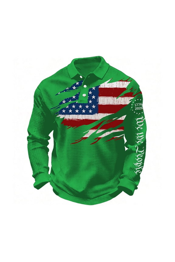 Mens Polo Shirts US 250th Aniversary Long Sleeve Waffle T-shirt Lapel American flag printing pattern Tee
