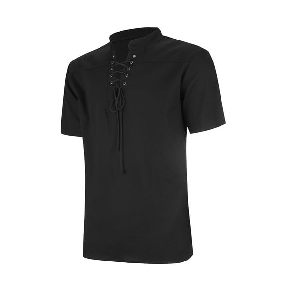 Mens Polo Shirts V Neck Tie Short Sleeve Solid Color Montage Mens Clothing,Black,L