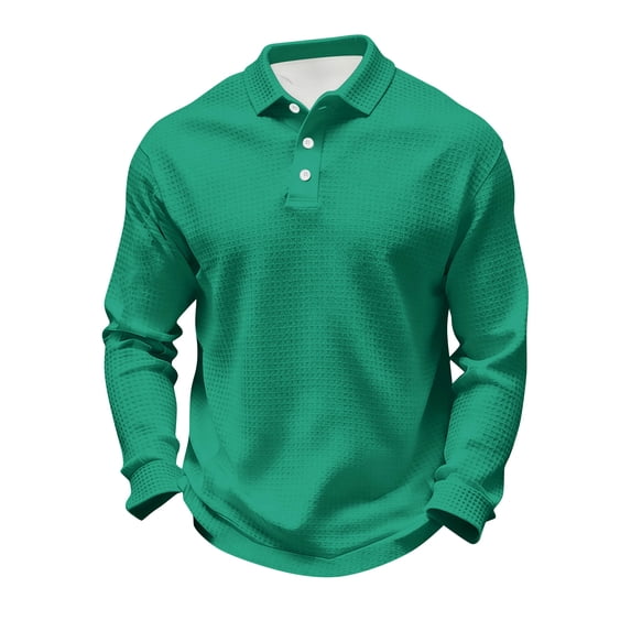 Mens Polo Shirts Waffle Knit Long Sleeve Golf Shirt Lightweight Fashion Breathable Lapel Top
