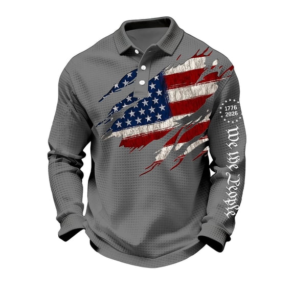 Mens Polo Shirts Long Sleeve 250th Anniversary Printed Casual T-Shirt Waffle Button Up Lapel Tshirts Patriotic Tops