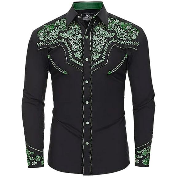 Mens Polo Shirts Western Cowboy Long Sleeve Embroidered Slim Fit Button Down Pockets Mens Casual Shirts,Dark Green,M
