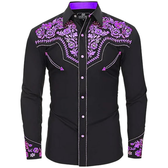 Mens Polo Shirts Western Cowboy Long Sleeve Embroidered Slim Fit Button Down Pockets Mens Casual Shirts,Purple,M