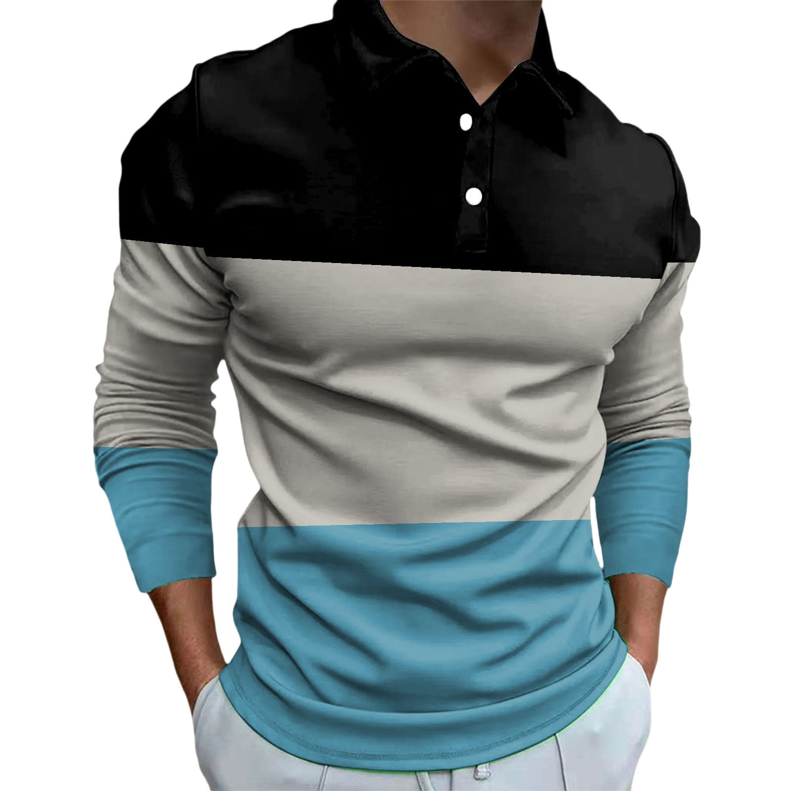 Mens Polo Shirts Xxl Long Sleeve Color Block Button Lapel Loose Fashion